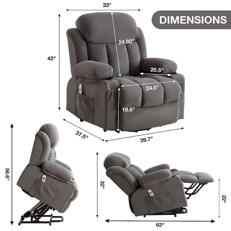 Fauteuil inclinable électrique releveur avec massage chauffant et port USB