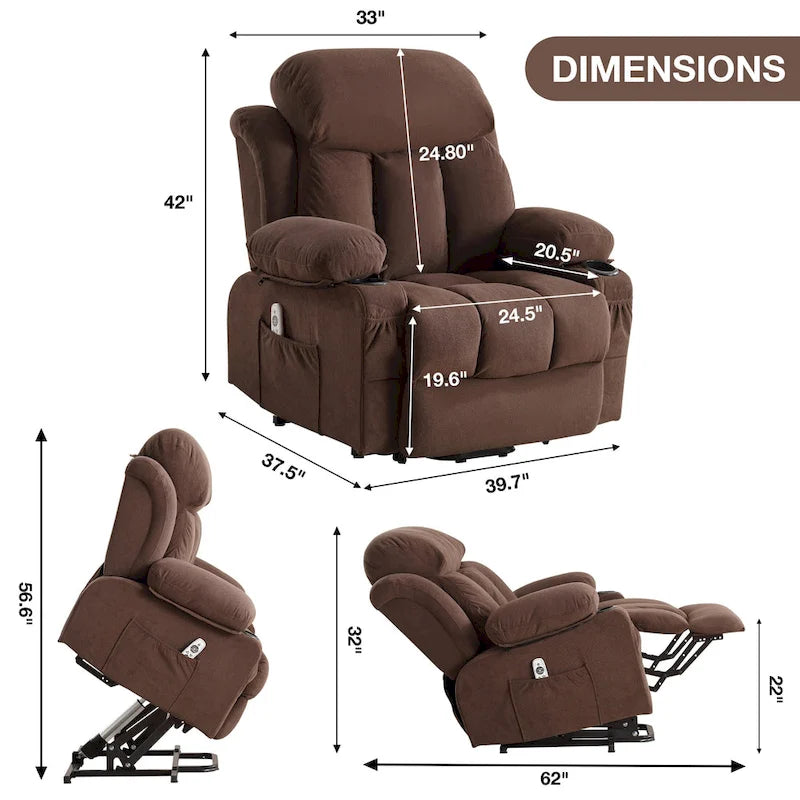 Fauteuil inclinable électrique releveur avec massage chauffant et port USB