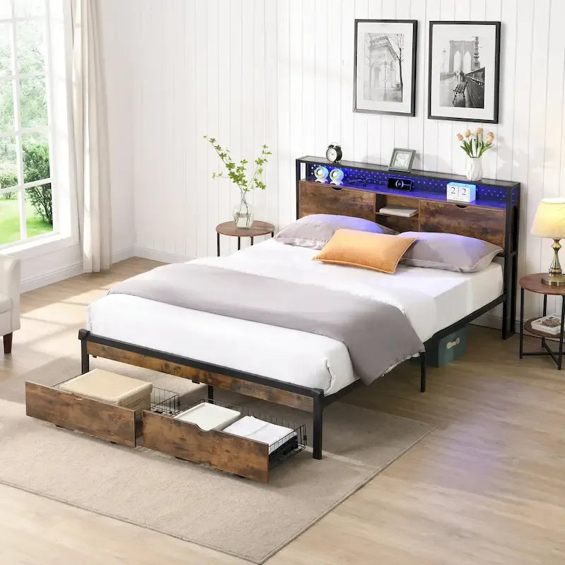 Lit plateforme en métal King Size avec tête de lit en bois à LED et tiroirs de rangement