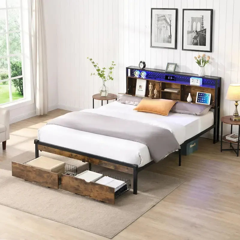 Lit plateforme en métal King Size avec tête de lit en bois à LED et tiroirs de rangement