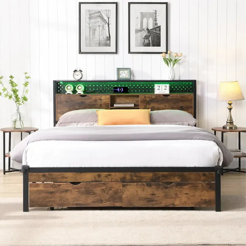Lit plateforme en métal King Size avec tête de lit en bois à LED et tiroirs de rangement
