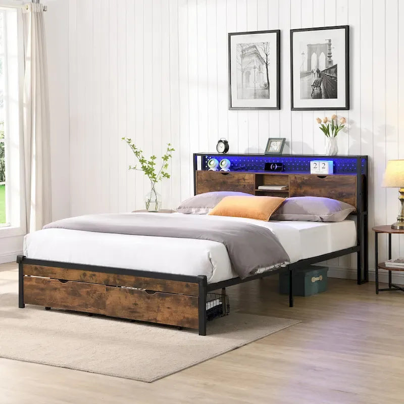 Lit plateforme en métal King Size avec tête de lit en bois à LED et tiroirs de rangement