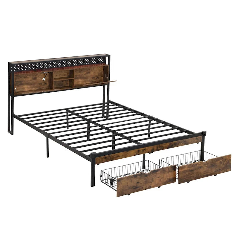 Lit plateforme en métal King Size avec tête de lit en bois à LED et tiroirs de rangement