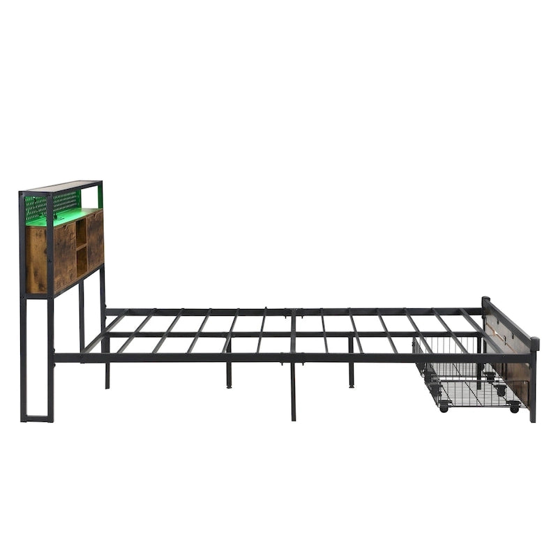 Lit plateforme en métal King Size avec tête de lit en bois à LED et tiroirs de rangement