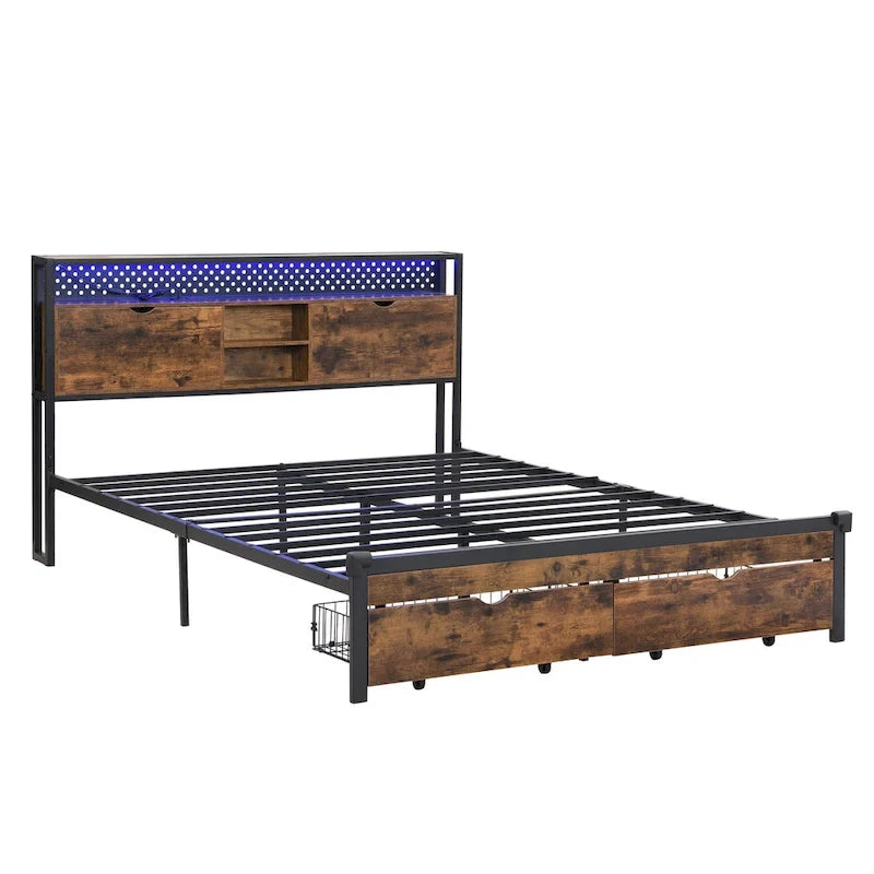 Lit plateforme en métal King Size avec tête de lit en bois à LED et tiroirs de rangement