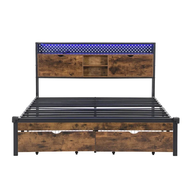 Lit plateforme en métal King Size avec tête de lit en bois à LED et tiroirs de rangement