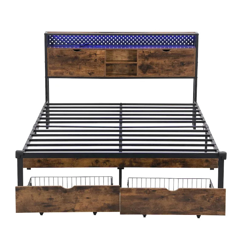 Lit plateforme en métal King Size avec tête de lit en bois à LED et tiroirs de rangement