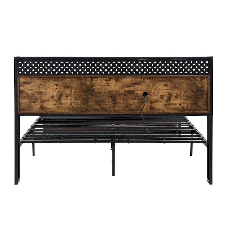 Lit plateforme en métal King Size avec tête de lit en bois à LED et tiroirs de rangement