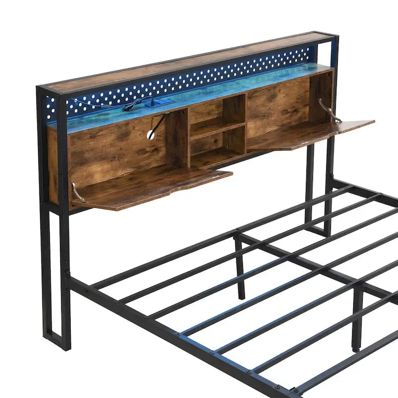 Lit plateforme en métal King Size avec tête de lit en bois à LED et tiroirs de rangement