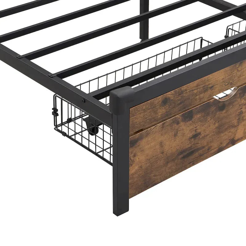 Lit plateforme en métal King Size avec tête de lit en bois à LED et tiroirs de rangement