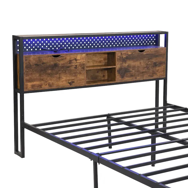 Lit plateforme en métal King Size avec tête de lit en bois à LED et tiroirs de rangement