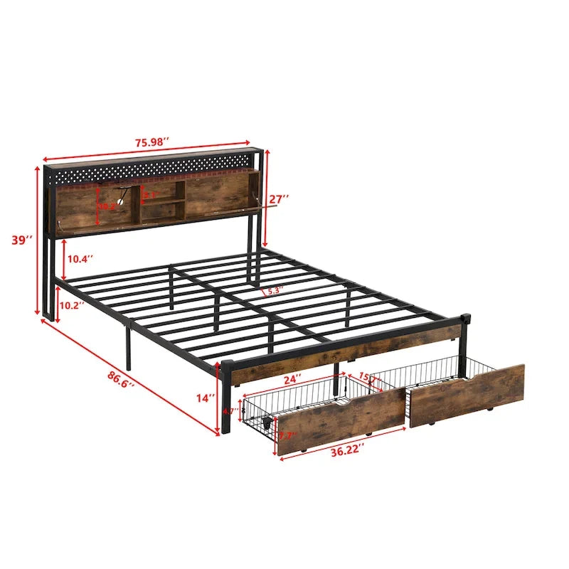 Lit plateforme en métal King Size avec tête de lit en bois à LED et tiroirs de rangement