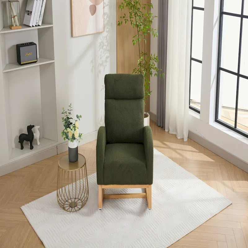 Fauteuil à bascule vert à dossier haut en tissu bouclette avec cadre en bois