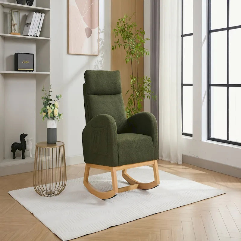 Fauteuil à bascule vert à dossier haut en tissu bouclette avec cadre en bois