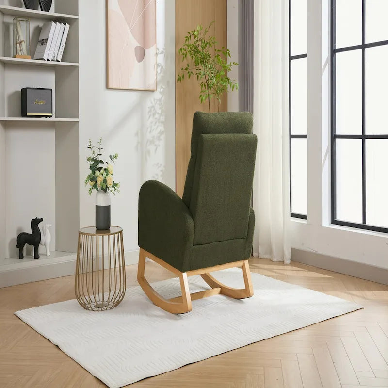 Fauteuil à bascule vert à dossier haut en tissu bouclette avec cadre en bois