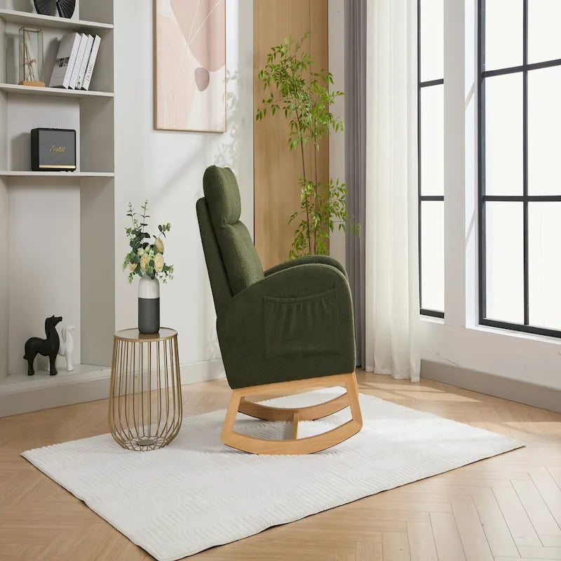Fauteuil à bascule vert à dossier haut en tissu bouclette avec cadre en bois