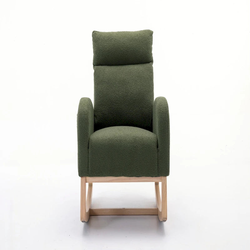 Fauteuil à bascule vert à dossier haut en tissu bouclette avec cadre en bois