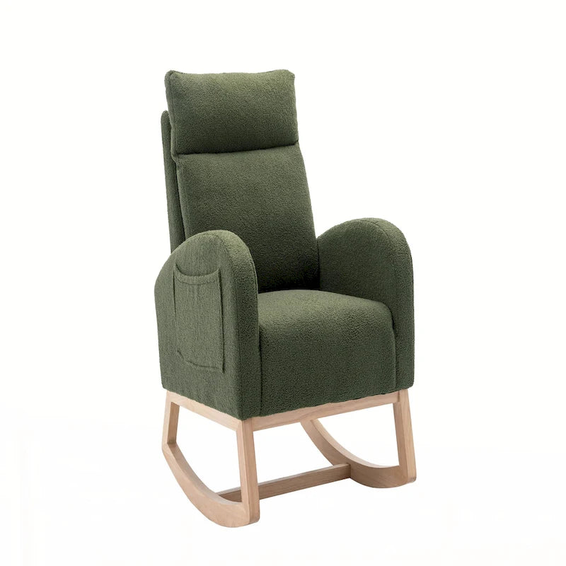 Fauteuil à bascule vert à dossier haut en tissu bouclette avec cadre en bois