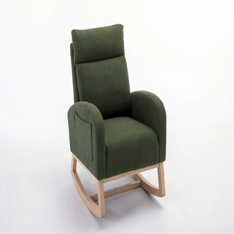 Fauteuil à bascule vert à dossier haut en tissu bouclette avec cadre en bois