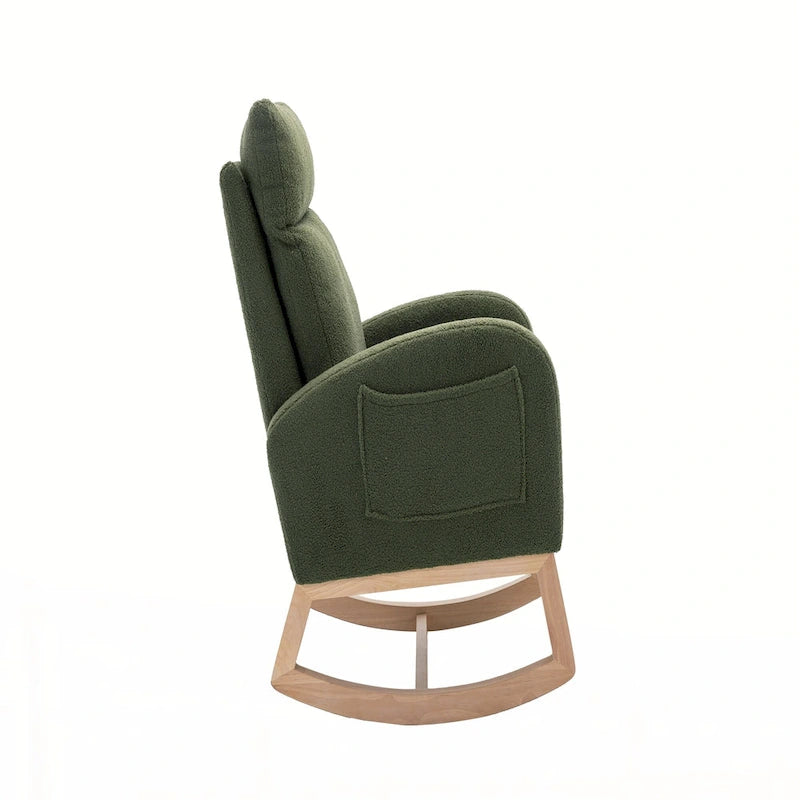Fauteuil à bascule vert à dossier haut en tissu bouclette avec cadre en bois