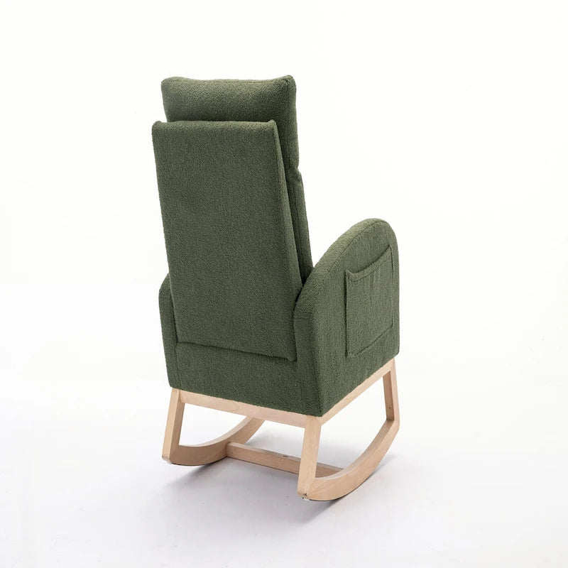 Fauteuil à bascule vert à dossier haut en tissu bouclette avec cadre en bois