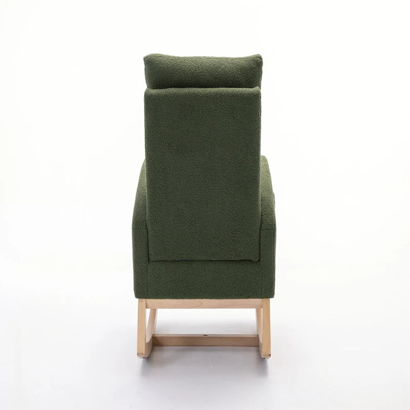Fauteuil à bascule vert à dossier haut en tissu bouclette avec cadre en bois