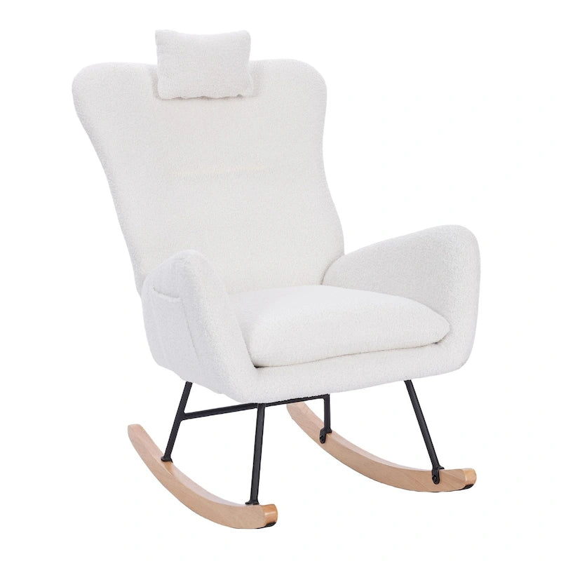 Fauteuil à bascule rembourré blanc à dossier haut avec accoudoirs et appui-tête, blanc