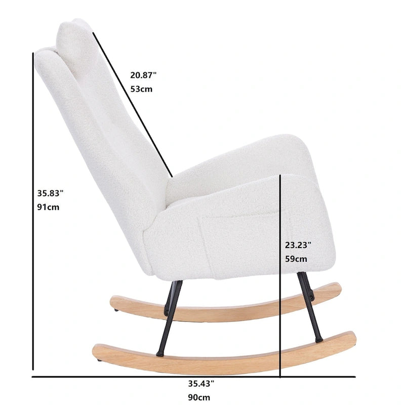 Fauteuil à bascule rembourré blanc à dossier haut avec accoudoirs et appui-tête, blanc
