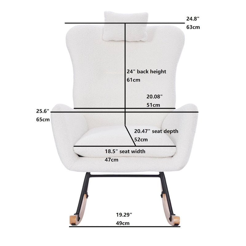 Fauteuil à bascule rembourré blanc à dossier haut avec accoudoirs et appui-tête, blanc