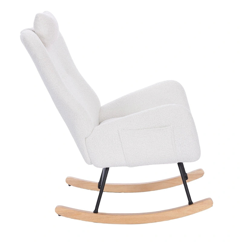 Fauteuil à bascule rembourré blanc à dossier haut avec accoudoirs et appui-tête, blanc