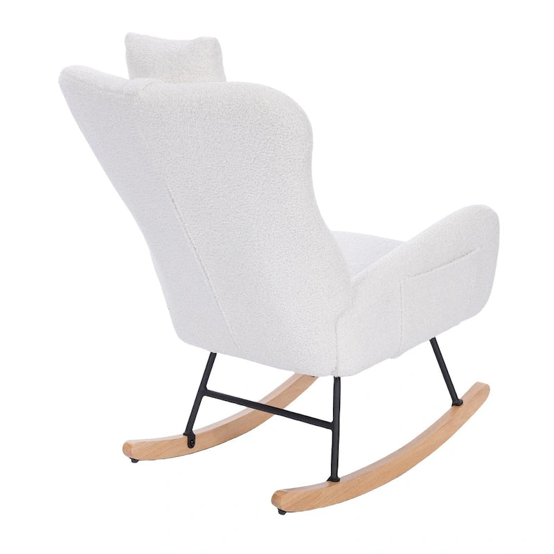 Fauteuil à bascule rembourré blanc à dossier haut avec accoudoirs et appui-tête, blanc