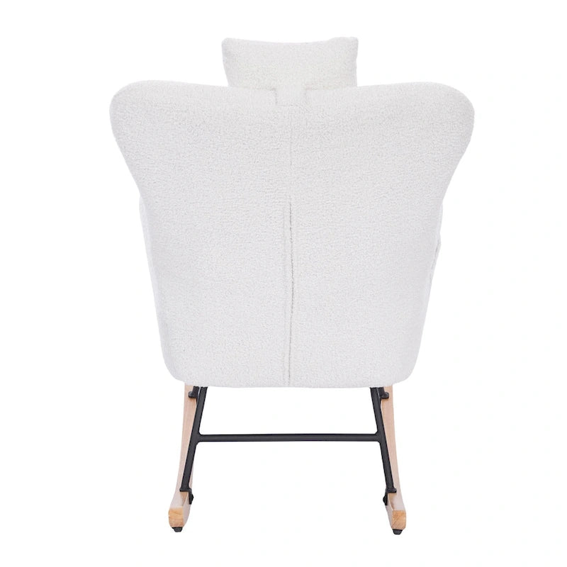 Fauteuil à bascule rembourré blanc à dossier haut avec accoudoirs et appui-tête, blanc