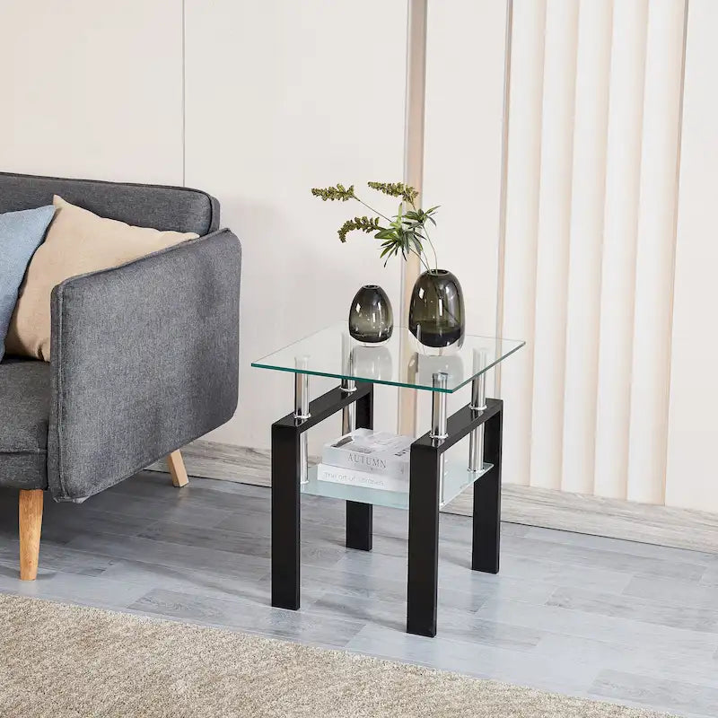 Table d'appoint en verre trempé transparent avec étagère inférieure et pieds noirs