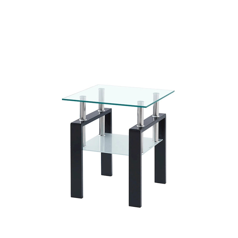 Table d'appoint en verre trempé transparent avec étagère inférieure et pieds noirs