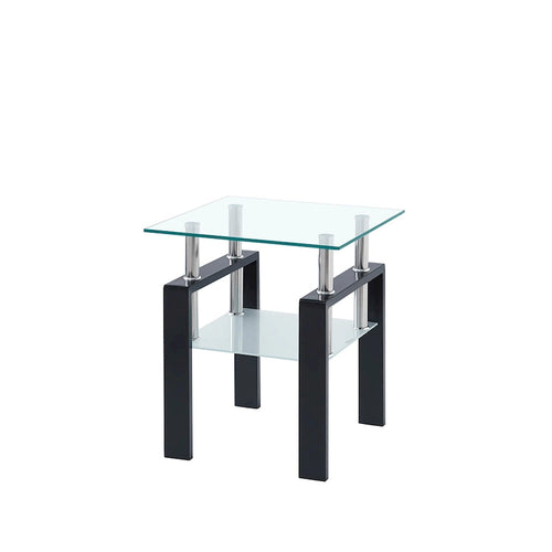 Table d'appoint en verre trempé transparent avec étagère inférieure et pieds noirs