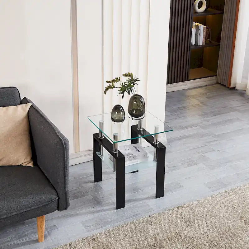 Table d'appoint en verre trempé transparent avec étagère inférieure et pieds noirs