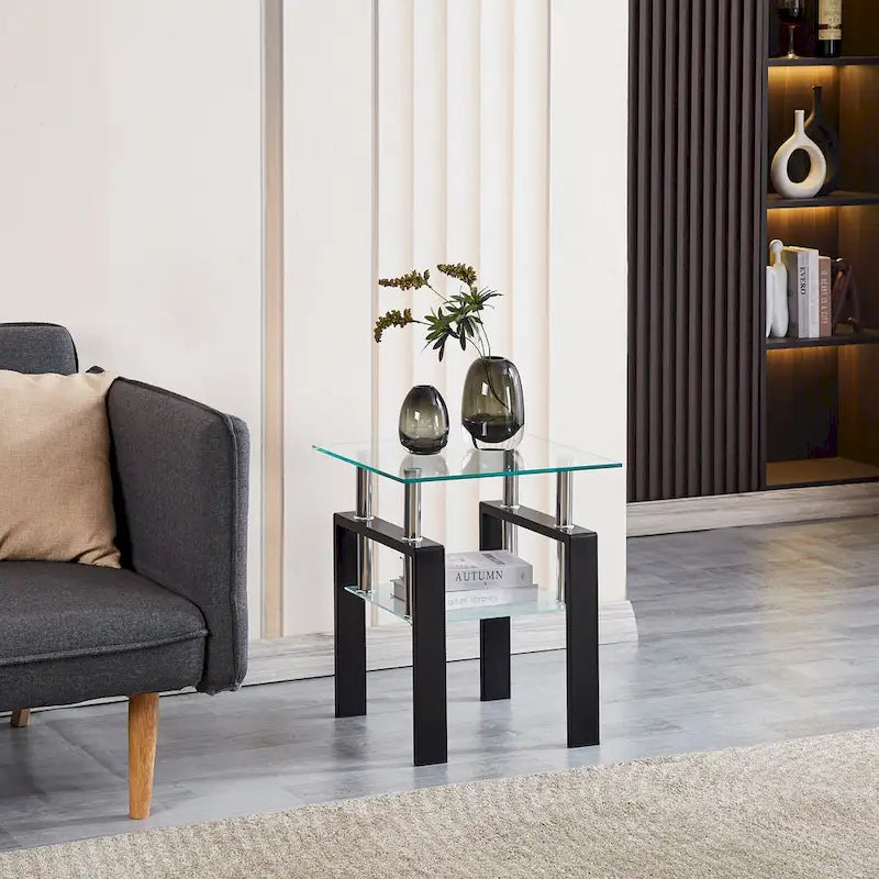 Table d'appoint en verre trempé transparent avec étagère inférieure et pieds noirs