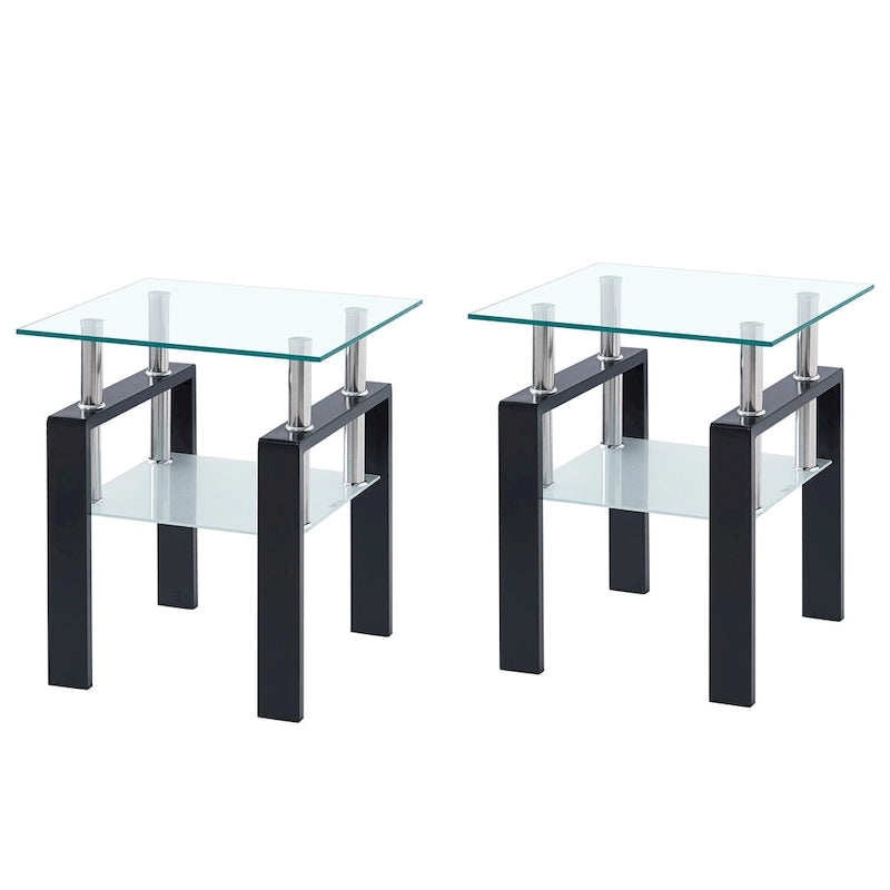 Table d'appoint en verre trempé transparent avec étagère inférieure et pieds noirs