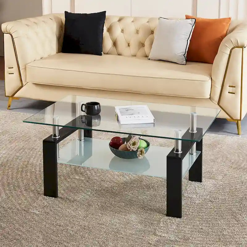 Table d'appoint en verre trempé transparent avec étagère inférieure et pieds noirs