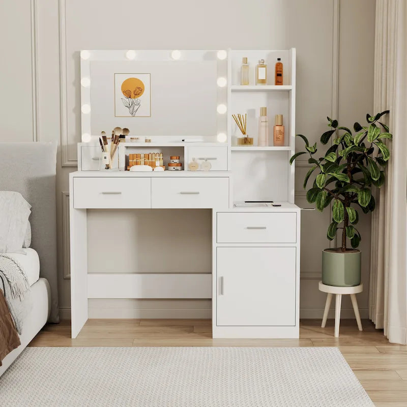Coiffeuse Blanche avec Miroir Lumineux Tiroirs et Armoire de Rangement