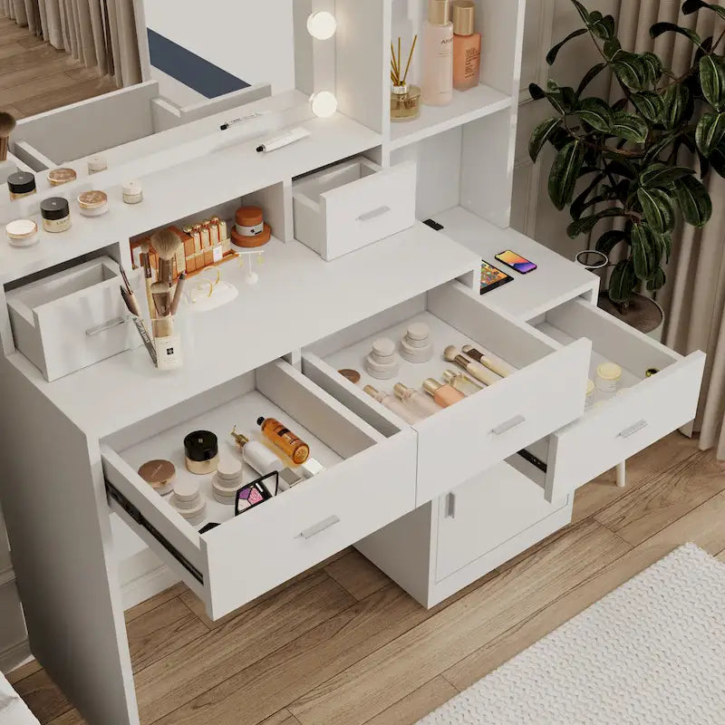 Coiffeuse Blanche avec Miroir Lumineux Tiroirs et Armoire de Rangement