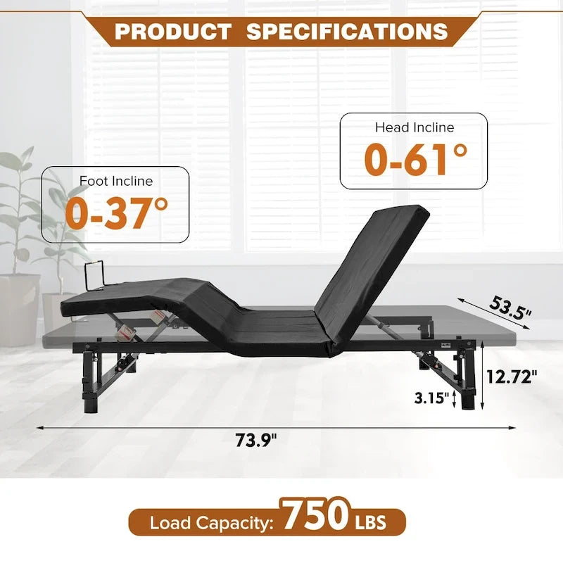Cadre de sommier réglable en métal avec inclinaison tête et pieds et télécommande sans fil