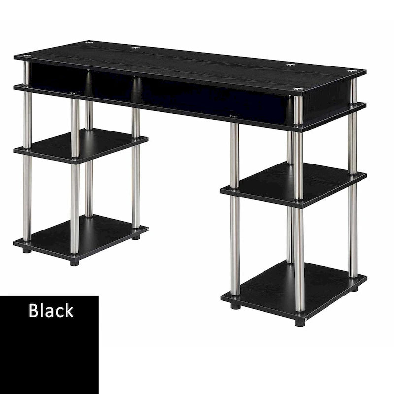 Bureau d'ordinateur noir à assemblage sans outils avec étagères ouvertes à plusieurs niveaux et pieds chromés