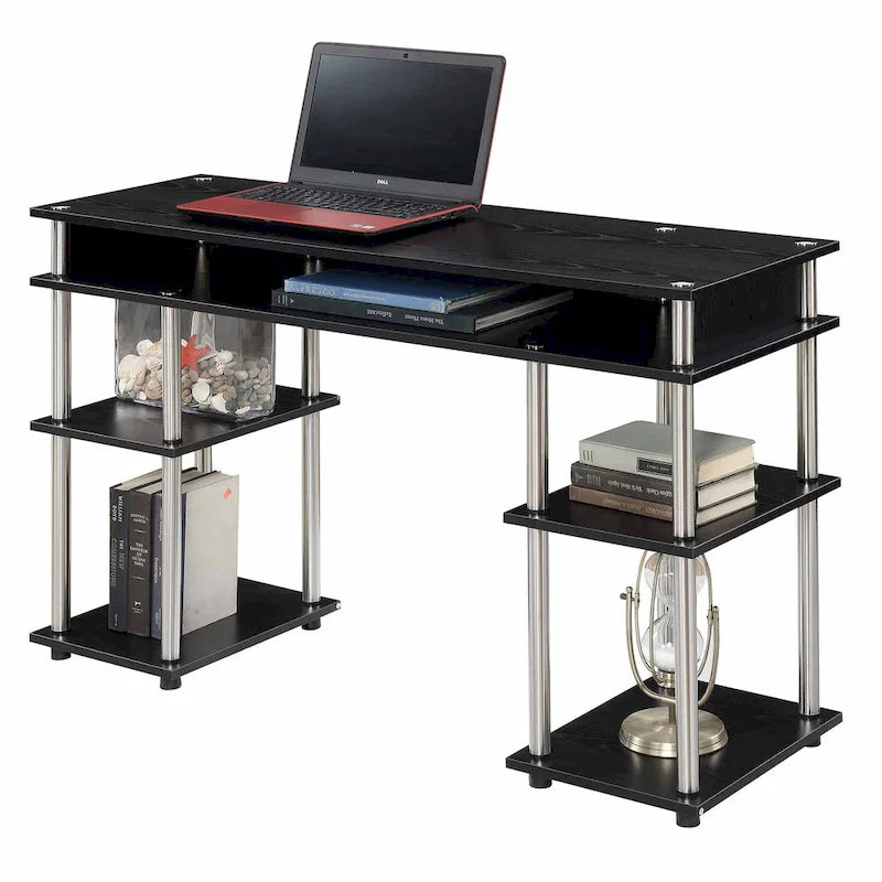 Bureau d'ordinateur noir à assemblage sans outils avec étagères ouvertes à plusieurs niveaux et pieds chromés