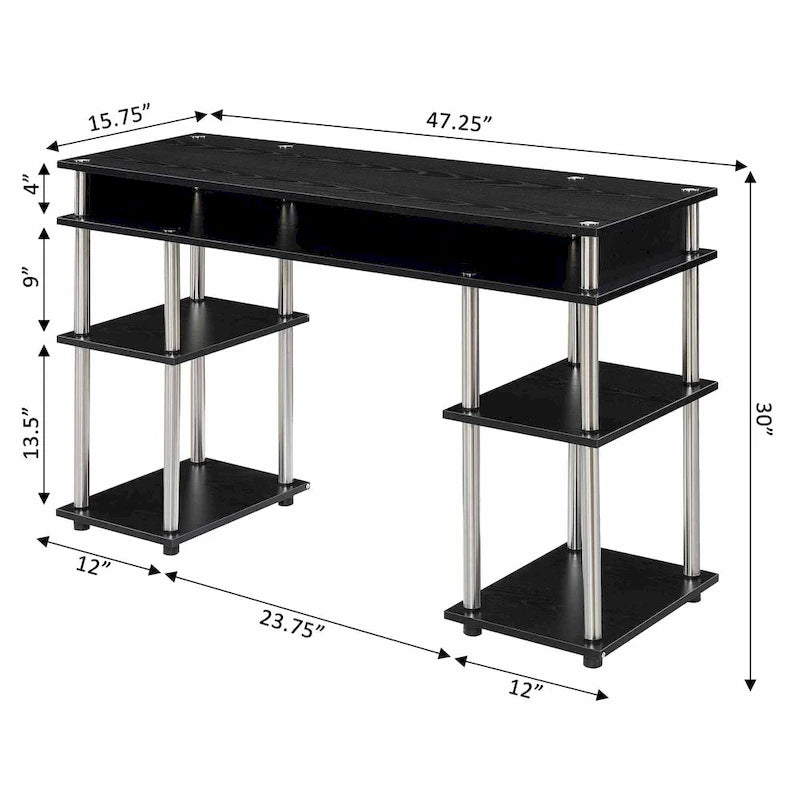 Bureau d'ordinateur noir à assemblage sans outils avec étagères ouvertes à plusieurs niveaux et pieds chromés
