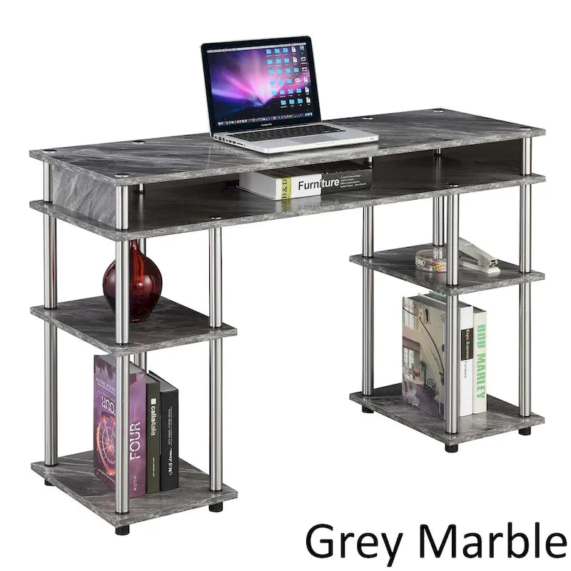 Bureau d'ordinateur noir à assemblage sans outils avec étagères ouvertes à plusieurs niveaux et pieds chromés