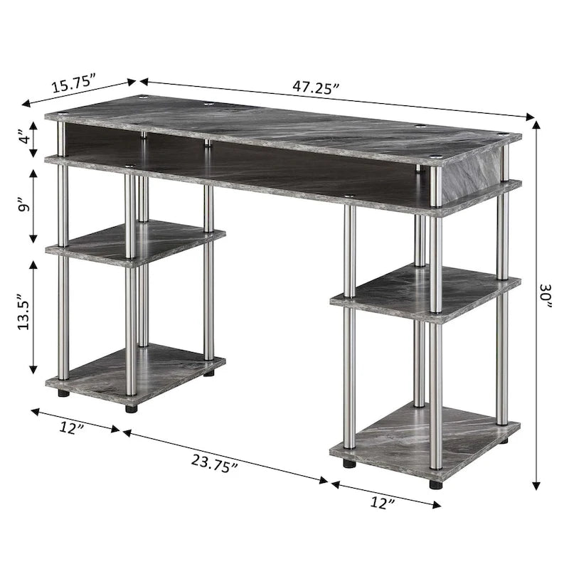 Bureau d'ordinateur noir à assemblage sans outils avec étagères ouvertes à plusieurs niveaux et pieds chromés