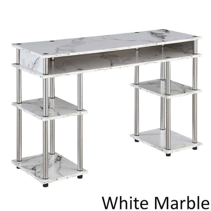 Bureau d'ordinateur noir à assemblage sans outils avec étagères ouvertes à plusieurs niveaux et pieds chromés