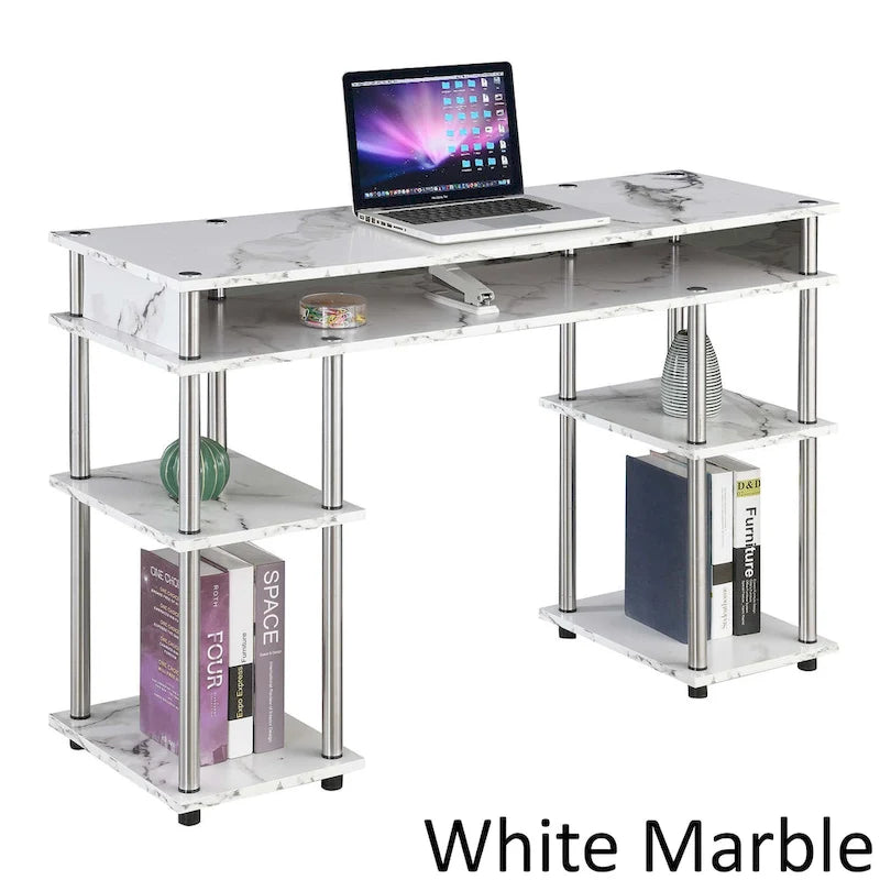 Bureau d'ordinateur noir à assemblage sans outils avec étagères ouvertes à plusieurs niveaux et pieds chromés