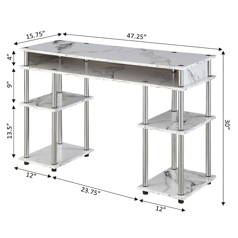 Bureau d'ordinateur noir à assemblage sans outils avec étagères ouvertes à plusieurs niveaux et pieds chromés